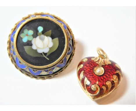 A Pietra Dura brooch, and red enamel heart pendant, stamped '15'.  Pietra dura brooch - unmarked, 3.57 grams. Enamel heart pe