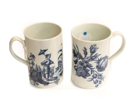 A Worcester porcelain cylindrical mug, circa 1775, printed in underglaze blue with Le Peche and La Prominade, crescent mark i