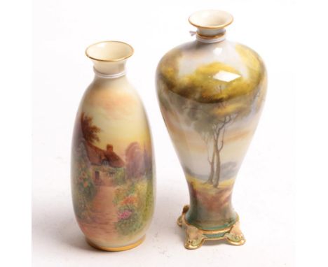 A Royal Worcester Hadleyware vase, painted by Walter Powell, 1893, of baluster form, painted with tall trees in a landscape w