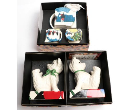 Two pieces of Clarice Cliff by Wedgwood, comprising Teddy Bear bookends, no. 97/150; and The May Avenue Stamford teaset, no. 