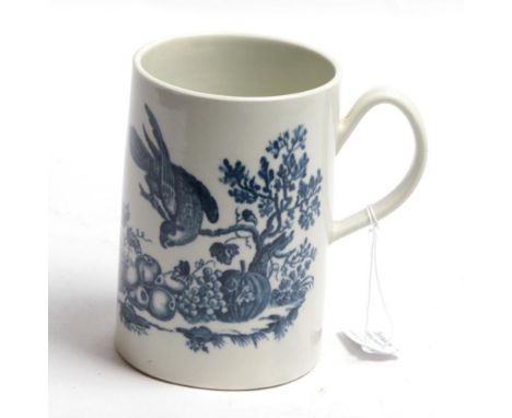 A Worcester porcelain large mug, circa 1775, printed in underglaze blue with The Parrot Pecking Fruit pattern, crescent mark 
