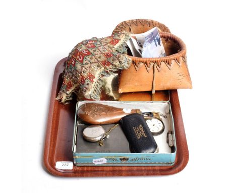 A First World War soldier's valentine pin cushion to the East Surrey Regiment, of star shape; a North American birch bark box