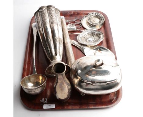 A tray of silver and metalware, including: a German or Austrian silver soup-ladle, maker's mark I over PE, Pointed Old Englis