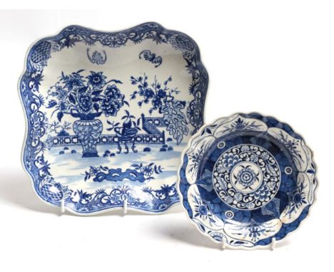 A Worcester porcelain dessert dish, circa 1785, of fluted square form, printed in underglaze blue with The Bat pattern, disgu