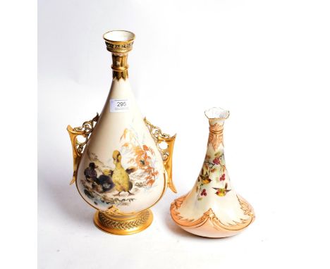 A Royal Worcester blush ground twin-handled vase, decorated with ducklings; with another Royal Worcester vase (2)&nbsp;