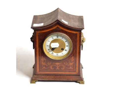 Edwardian inlaid mahogany mantle clock, enamel chapter ring with retailers inscription Thomas Reynolds &amp; Son, Hull