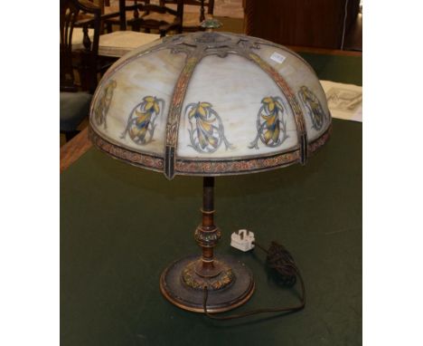 An American lamp with painted sectional glass shade 