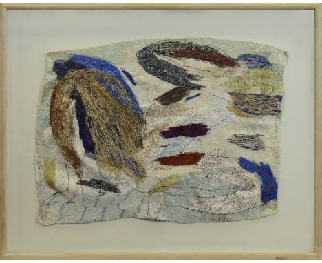 * ALICE KETTLE,BLUE SPLASH BATHERmultimedia on fabric, signed, titled and dated 1994 verso 54cm x 73cm approx.Mounted, framed