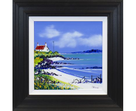 JOHN DAMARI, MORNING LIGHT, WEE CROFT, TIREE oil on canvas, signed, further signed and titled verso 40cm x 40cm Framed 