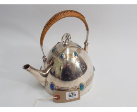 Art Nouveau WMF tea kettle, silver plated with blue/green enamel decoration and basket weave handle - height when handle up 2