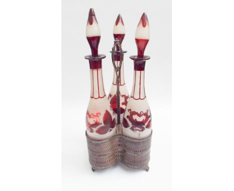 Late Victorian silver plated 3 bottle decanter tantulus with etched Bohemian style decanters - 17" high including stoppers   