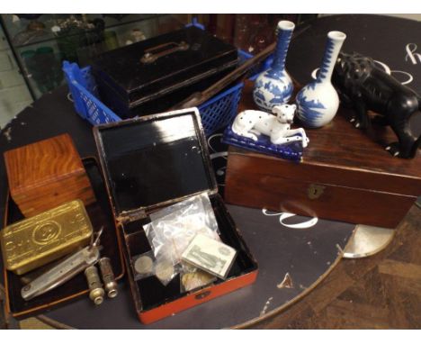 Collectables to include writing slope, compass, saws, whistles, WWI tin box with cap badge and stick pins etc
