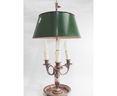 Vintage French silver plated candelabra style lamp base with original green enamelled tin shade. Standing 24 inches tall