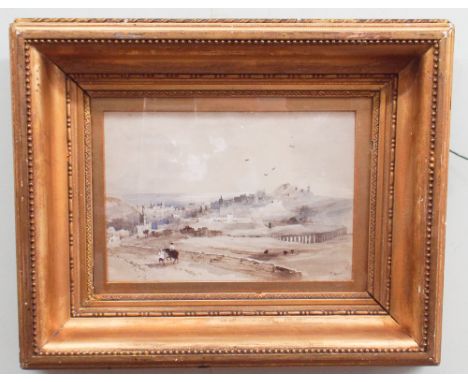 Watercolour and wash sketch of a landscape with artists notes, dated 2nd May. Measures 18 cm by 25 cm in a swept gilt frame