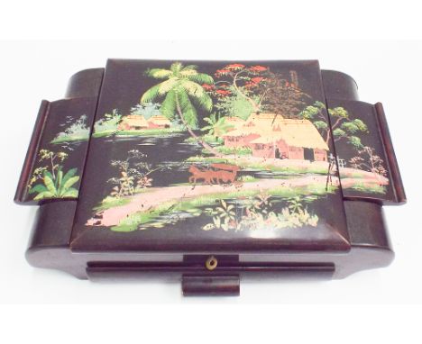 Oriental black lacquered, picture panel trinket box with part fitted interior