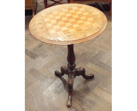 Circular Victorian marquetry inlaid chess top occasional table on tripod base  Few pieces of marquetry missing