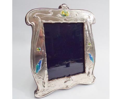 Silver photograph frame decorated with blue/green enamel in the Art Nouveau style - frame marked Sterling Silver, stamped 925