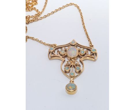 Victorian style 9ct gold  opal and seed pearl pendant necklace, on chain.