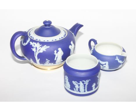 3 piece Wedgwood Blue Jasper tea service comprising of teapot with silver plated weighted  The milk jug has micro-fine crackl