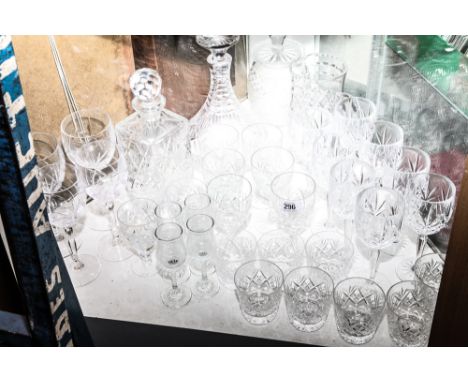 Large quantity of assorted cut and other wine glasses, decanter, biscuit barrel, water jug etc