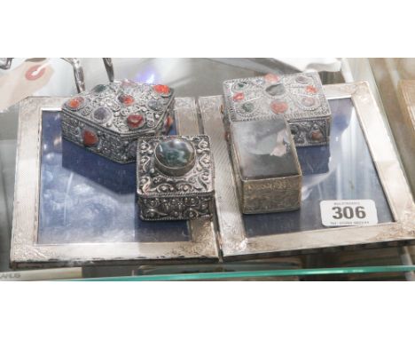 Plated double photo frame and 4 small trinket boxes set with semi-precious stones