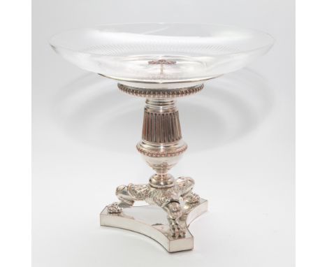 Russian silver plated mounted cut glass comport with circular dish supported by columnar base to tripod paw feet; impressed w