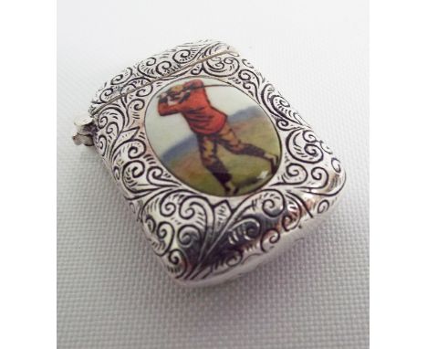 Silver plated miniature vesta, decorated with applied enamel panels depicting Edwardian golfers.