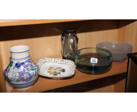 Lalique style fruit bowl, art glass bowl, vase, Poole pottery vase and a China dish