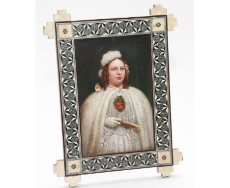 Oil on board half portrait of a lady in evening dress in inlaid bone and hardwood frame.