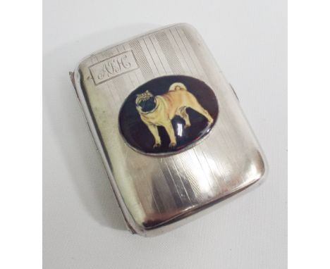 Hall marked silver, engine turned cigarette case, decorated with applied oval enamel of a pug dog