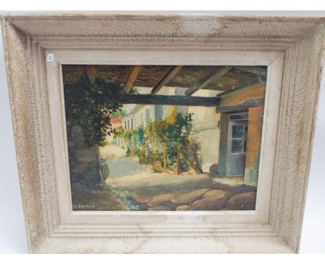 Early 20th century French impressionist oil on canvas painting of houses on a pathway indistinctly signed R Cavaus.  Image si