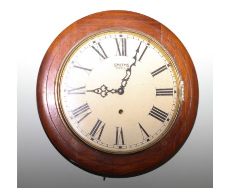 Circular Smiths Enfield school type clock in Mahogany case, dial has 12 inch diameter
