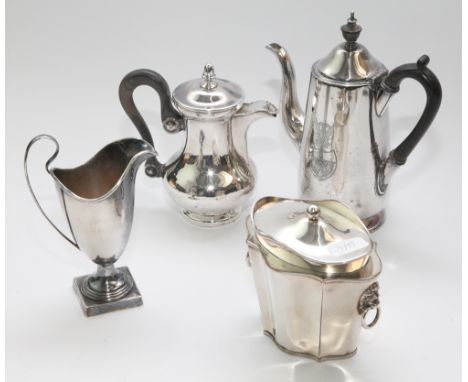 Silver plated lot to include tea caddy, helmet shaped cream jug  and two jugs