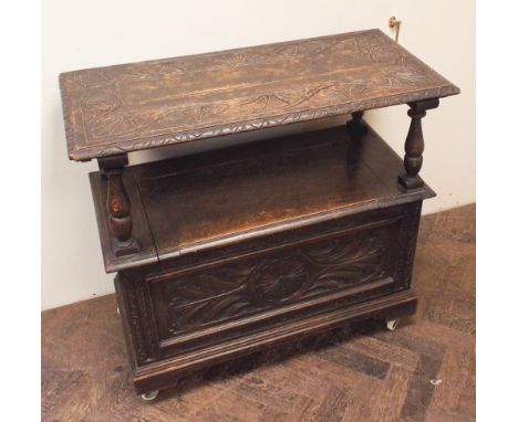 3' carved oak monks bench with lift up storage seat 
