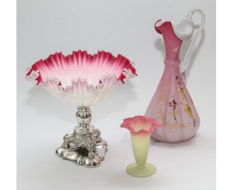 Victorian pink tinged satin glass comport on a good quality tripod silver plated base, pink satin glass and enamelled ewer an