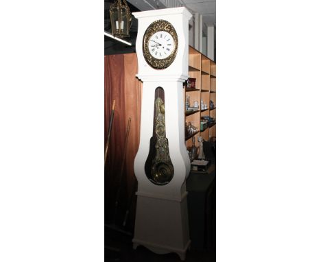 French white painted grandfather clock with decorative brass and enamel dial and pendulum