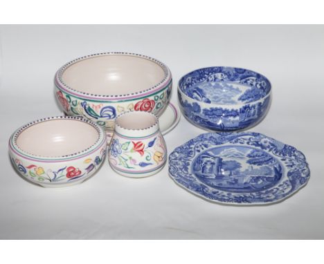 2 floral decorated Poole pottery fruit bowls, a similar vase and a plate. A blue & white Spode Italian pattern fruit bowl and