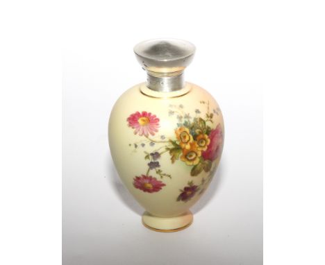 Royal Worcester blush Ivory scent flask, the ovoid body is painted with floral sprays. Hallmarked silver lid and glass stoppe