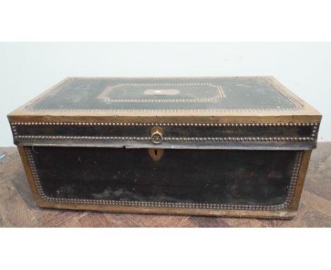 19th Century leather bound camphor wood trunk with brass strip and stud work; brass handles to either side