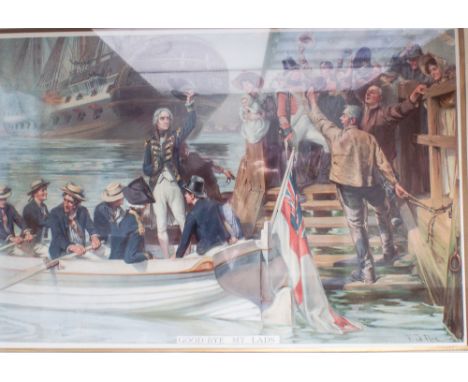 19th century coloured lithograph 'Goodbye my Lads' after Fred Roe depicting Nelson with his ship Agamemnon behind.  Framed an