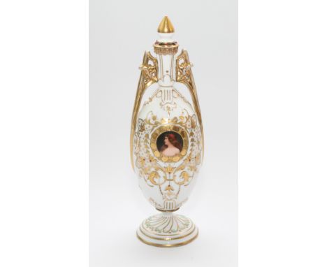 Tall continental porcelain, twin handled scent flask with gilded and jeweled decoration, hand painted with a central Viennese