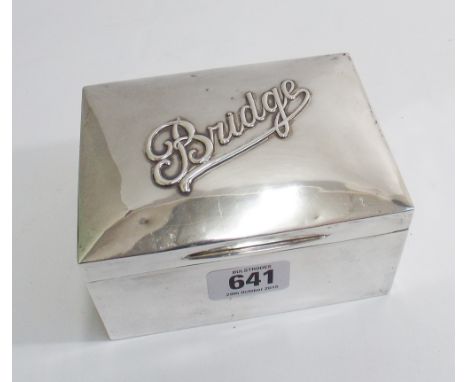 Hallmarked silver playing card box of rectangular form, the hinged lid embossed 'Bridge' Hallmarked Birmingham 1906 approx 12