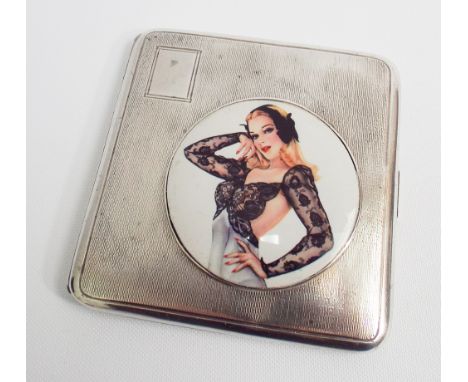 Hall marked silver, engine turned cigarette case with circular applied enamel, risque dressed lady - 8.5 cm square