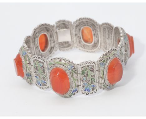 Chinese white metal enamel and agate set hinged bracelet. Clasp stamped China