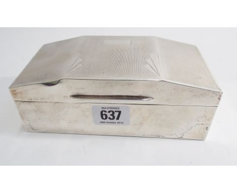 Art deco hallmarked silver table top cigarette box with engine turned top and fan detail of plain from without inscription.  