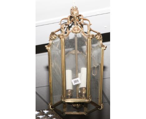 Brass hanging hall lantern, glass panels as found 