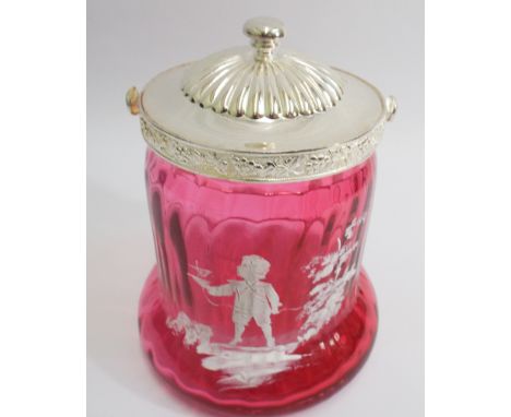 Cranberry glass biscuit barrel with Mary Gregory style enamel decoration