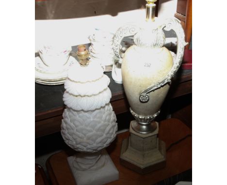 Alabaster pineapple style table lamp and a cream & gilt decorated table lamp