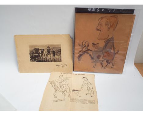 Original caricature in pencil and colour wash showing Edgar Downs as a war correspondent riding on a donkey.  Henry Mayo Bate