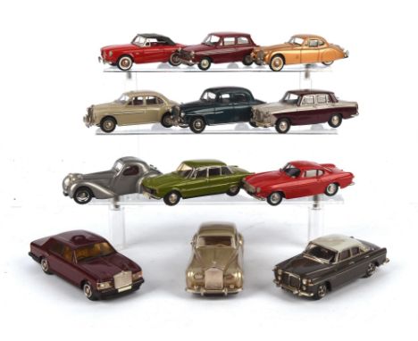 Twelve 1:43 scale die-cast model cars including ; Conquest Models 1973 Rover P6, Robeddie Models 1969 Volvo P1800S, Gems & Co